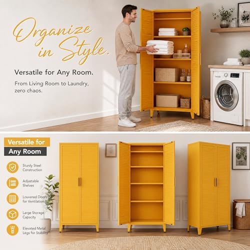 61" Tall Metal Pantry Cabinet with Lock and 3 Adjustable Shelves,Freestanding Heavy Duty Steel Storage Locker,Yellow Metal Cabinets for Kitchen,Living Room,Home 61" H X 27.6" W X 13.8" D - Image 7