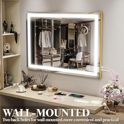 FENNIO Vanity Mirror with Lights 32"x22", Lighted Makeup Mirror, Large Vanity Mirror, Touch Sensor with 3-Color Lighting, 10X Magnification and USB Charging Port for Vanity Desk（Square Gold） - Image 5