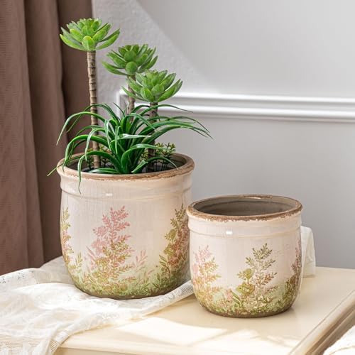 Ceramic Plant Pots Set of 2, 4.7+5.7 Inch Vintage Indoor Planters with Drainage Hole, Farmhouse Ceramic Flower Pots for Indoor Plants, Rustic Cottage Decor for Home Kitchen Garden, Pink - Image 6