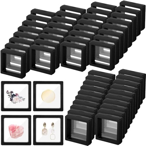 60 Pcs 3D Floating Display Case, 2.8 x 2.8 x 0.8 Inch Transparent Film 3D Floating Coin Display Frame Holder Stands for Challenge Coins, Jewelry, Shells, Gems, Rocks, Fossils, Specimen, Black by Unknown
