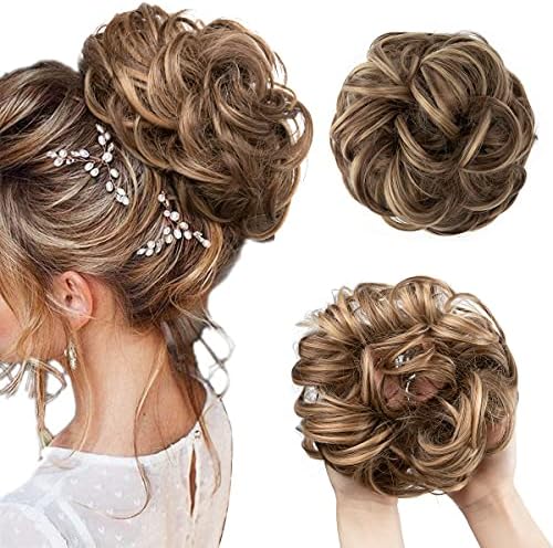 CJL HAIR Large Messy Bun Hair Piece Wavy Curly Scrunchies Synthetic Chignon Ponytail Hair Extensions Thick Updo Hairpieces for Women Brunette/Honey Blonde by CJLHAIR