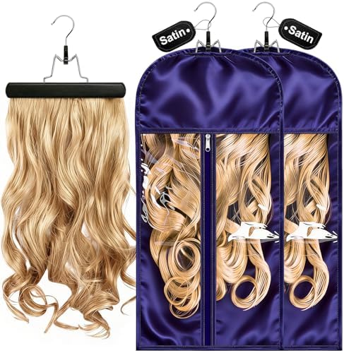 2 Pack Purple Silk Satin Wig Storage Bag with Hanger, Breathable Hair Extension Holder for Styling & Organizing, Dust-proof Silk Case for Protecting Hair Extensions & Wigs by FAMOVELL