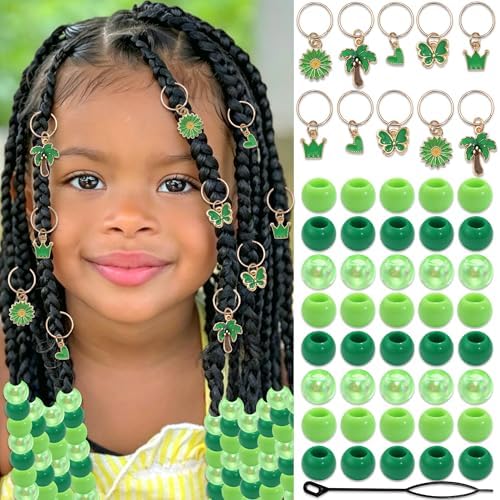 NAISKA 50PCS Green Hair Jewelry for Braids Cute Pony Beads Summer Loc Charms Daisy Flower Braids Jewelry Iridescent Dreadlock Beads 8 Styles Braids Accessories for Kids Girls by NAISKA