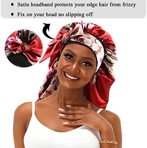 Extra Large Satin Bonnet Sleep Cap for Women, Double Layer Silky Hair Bonnet with Tie Band for Braids/Curly/Long Hair - Red Floral - Image 5