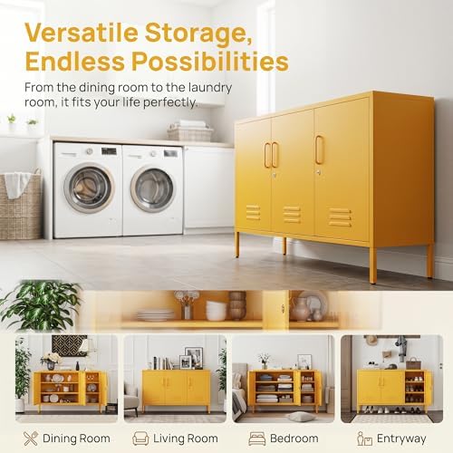 47.5" Wide Yellow Metal Storage Cabinet with Lock and Ventilated Doors, 2 Adjustable Shelves, Heavy Duty Home Metal Accent Locker for Kitchen Office Living Room Hallway - Image 4