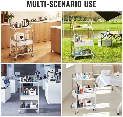 VEVOR Stainless Steel Utility Cart with 3 Shelves & 1 Drawer, 360 Swivel Casters, 220lbs Capacity - Image 5