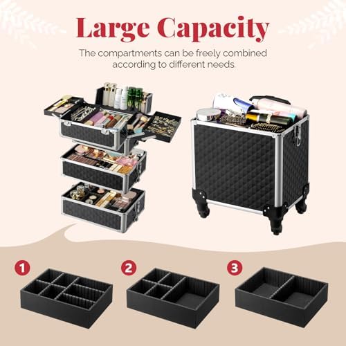 mefeir 4-in-1 Rolling Makeup Train Case Lift Handle,4 Removable Wheels Lockable Keys,Aluminum Cosmetic Trolley Beauty Stylist Artist Organizer Box,Ideal Xmas New Year Gift (Diamond Black) - Image 2