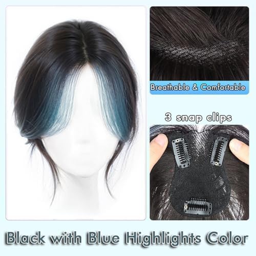VAVANGA Hair Topper with Bangs Middle Part Black with Blue Highlight Color - Image 4