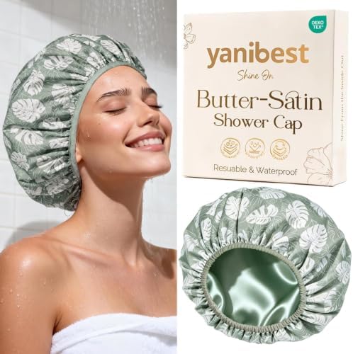 Yanibest Frizz Free Satin Lined Shower Cap with Soft Elastic Band by yanibest