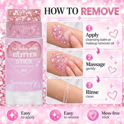 Pink Hair Glitter Stick,Cheer Body Face Glitter,Waterproof Pink Out Accessories for Spirit Week,Singer Concert Music Festival Halloween Shimmer Holographic Makeup Body Paint - Image 5