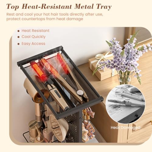 Hair Tool Organizer Cart with Hair Dryer Holder, Narrow Bathroom Storage Cart for Curling Flat Iron & Hot Tools, Slim Hair Appliance Organizer for Vanity Styling Tools (Black) - Image 2