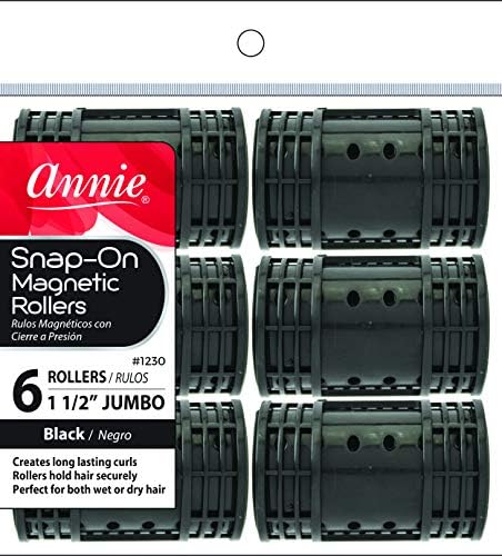Annie Snap-On Magnetic Hair Rollers – Jumbo 1 1/2 Inch with Locking Snap-Over Hood – Secure Hold No Pins Needed – Black, 6 Count by AnnieInternational
