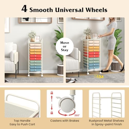 Giantex 10-Drawer Rolling Storage Cart w/Wheels, Handle, Removable Drawers, Mobile Organizer Storage Unit, Trolley Utility Cart for Home Kitchen Makeup Living Room Office Play Room - Image 5