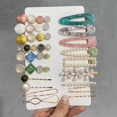 Mehayi 20 PCS Pearls and Acrylic Resin Hair Clips, Handmade Hair Barrettes, Marble Alligator bobby pins, Glitter Crystal Geometric Hairpin, Elegant Gold Hair Accessories, Gifts for Women Girls - Image 2