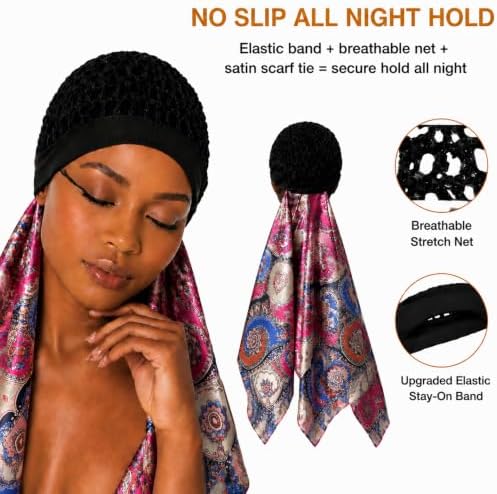 2 in 1 Wrap Cap Hair Net and Scarf for Silk Press, Satin Wrap Cap Bonnet for Women, Adjustable Stay-On Sleep Hair Net Scarf for All Hair Types (Rose red, One Size) - Image 2