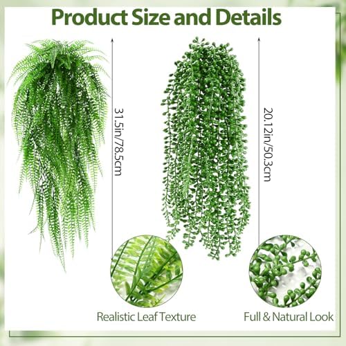 Daifunli 12 Pcs Artificial Hanging Plants Fake Hanging Ferns Plastic Fake Plant for Wall Room Garden Garland Indoor Outdoor Decor No Basket (Boston Ferns,String of Pearls) - Image 3