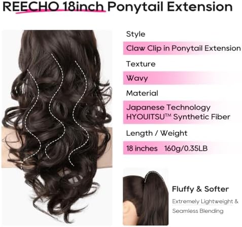 REECHO Ponytail Extension, 18" Clip in Ponytail Hair Extensions for Women, Short Wavy Synthetic Pony Tail Hairpiece for Daily Wear Cheer Dance-Dark Chocolate Brown - Image 2