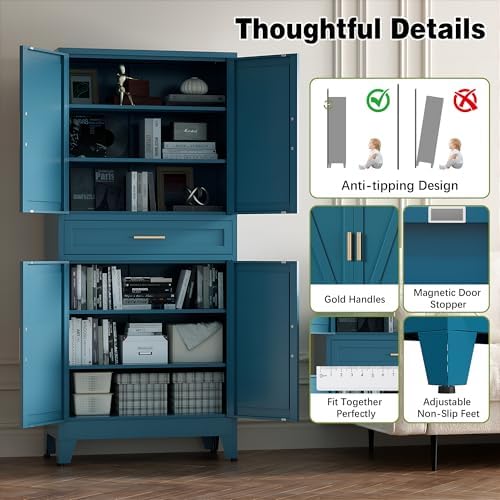 COFaR Farmhouse Storage Kitchen Pantry Cabinet with 4 Barn Door, 4 Adjustable Shelves, Drawer and Legs, for Cupboard/Dining Room/Bathroom/Living Room/Office/Laundry Room(Blue Green, 71" Metal Cabinet) - Image 7