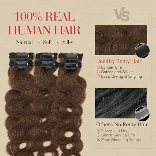 Rich Choices Short Clip In Hair Extensions Real Human Hair-Wave/Curly 6 Pcs Single Clip Hairs Extensions For Women-Mini Seamless Clips Hairpieces for Thin Hairs-12 Inch #4 Medium Brown - Image 4