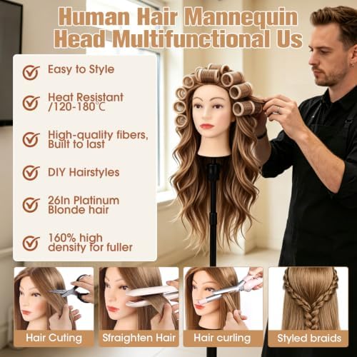 26'' Human Hair Mannequin Head,80% Mocha Brown Real Hair Mannequin Head,Cosmetology Manikin Head Doll Hair Styling Hairdressing Practice Training Wig Head with Clamp Holder and Tools - Image 2