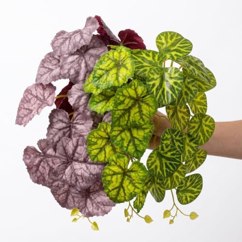 5 Pcs Reptile Plants & Habitat Decor Kit - 3 Artificial Plants & Large 5ft Jungle Vine Branch, Terrarium Tank Decor & Climbing Accessories for Gecko (Lime Heuchera, Purple Heuchera, Vein Begonia) - Image 3
