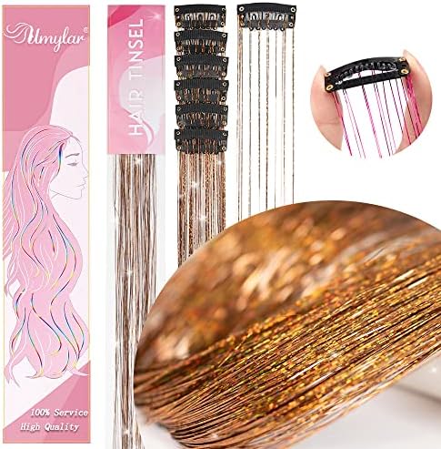 Clip in Hair Tinsel, Pack of 12Pcs,20 Inch Glitter Tinsel Hair Extensions, Festival Tinsel Fairy Hair Extension Party Dazzle Hair Accessories Strands Kit for Women Girls (12Pcs,Champagne#) - Image 3