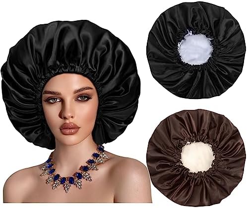 Satin Bonnet Silk Hair Cap: 2pcs Double Layer Reversible Extra Large Jumbo Adjustable Satin Lined Stainless Oversized Bonnets Sleep Night Cap No Slip-Off for Women Braids Sleeping (Black+Coffee) by Cospack