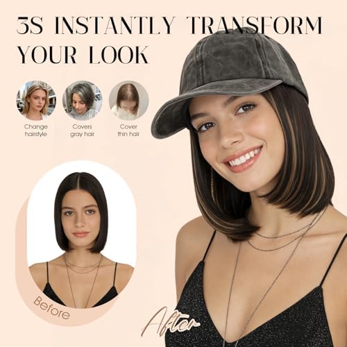 Rich Choices Hat Wigs for Women,Olive Green Baseball Cap with Hair Extensions for Women,Short Bob Hairstyle Caps with Straight Hair Attached Adjustable Baseball Cap Wig 6 Inch Dark Brown Hair - Image 6
