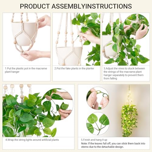 Mkono 2 Packs Fake Hanging Plant with Lights, Artificial Plants for Home Decor Indoor Macrame Plant Hanger with Fake Vines, Batteries NOT Included - Image 7