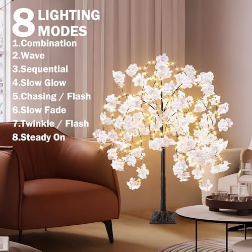 obbsie 4FT Cherry Blossom Tree with 360 LED Fairy Lights Artificial Lighted Tree with 8 Lighting Modes Light Up Pink Tree with Faux Flowers for Spring Wedding Party Indoor Outdoor Decor - Image 5