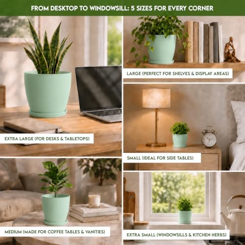 Utopia Home - Plant Pots Indoor with Drainage - 7/6.6/6/5.3/4.8 Inches Home Decor Flower Pots for Indoor Planter - Pack of 5 Plastic Planters for Indoor Plants, Cactus, Succulents Pot - Mint - Image 3
