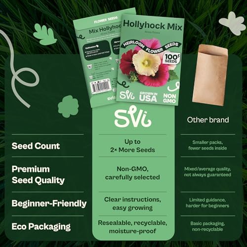 SVI 100 Mix Hollyhock Seeds (Alcea rosea) - Mallow, Common Hollyhock Seed Packets, Attracts Hummingbirds - Heirloom Flower Seeds for Outside & Inside, Meadows, Fences, Beds - Image 6