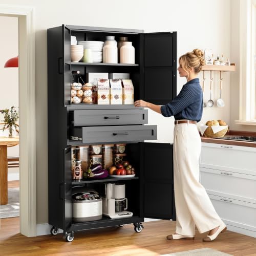Yizosh 73" Black Mobile Metal Kitchen Pantry Storage Cabinet with 2 Drawers - Image 2