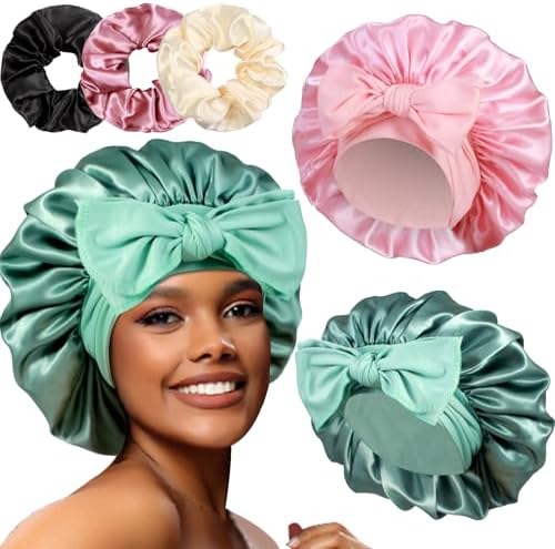 2+3 Large Satin Bonnets with Scrunchies for Women, Hair Bonnet Sleeping Tie Bonnet for Braids Curly Hair by Heniho