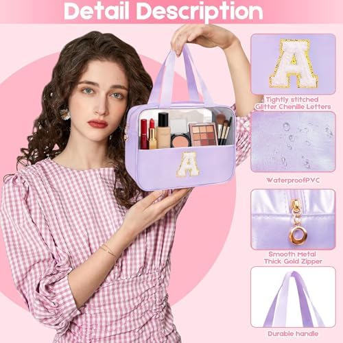 Personalized Initial A Clear Purple Makeup Bag - Large Travel Toiletry Bag, Cute Cosmetic Organizer Set for Girlfriend, Teacher, Teen Girl Gifts - Image 3