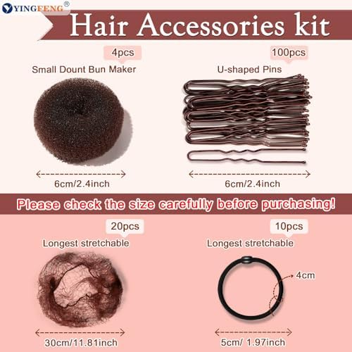 YINGFENG 134 Pcs Brown Hair Bun Maker Kit for Kids Small - 4 Hair Donuts for Buns, 20 Hair Nets for Buns, 100 U Shaped Bobby Pins, 10 Hair Bands, for Girls, Ballet Dance, Hair Accessories for Women - Image 3
