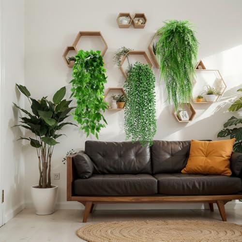 Daifunli 8 Pcs Artificial Hanging Plants Fake Hanging Ferns Plastic Faux Plants for Wall Room Garden Garland Indoor Outdoor Decor No Basket (Boston,Eucalyptus,Ivy Vine,String of Pearls) - Image 3