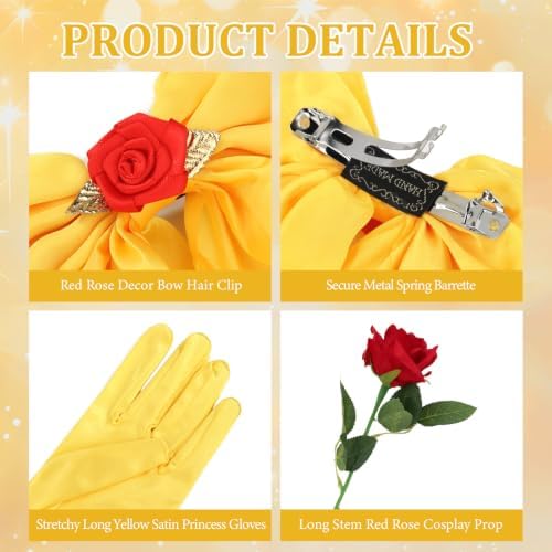 Princess Costume Accessories Crown Rose Hair Bow Yellow Gloves Kit - Image 3