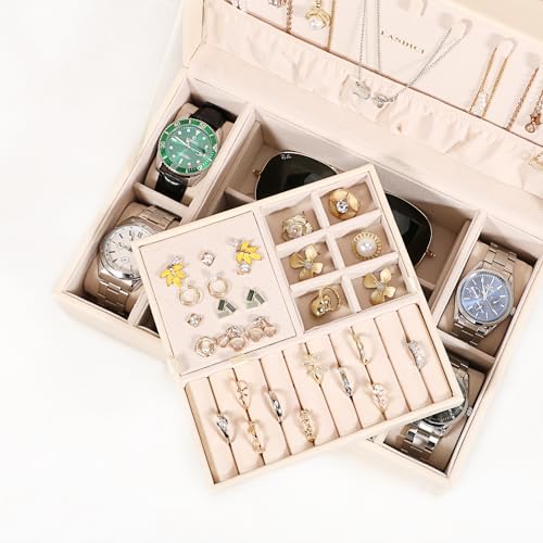 LANDICI Jewelry Box Organizer for Men Women, 2 Layer 4 Slot Watch Storage Case with Removable Tray, PU Leather Large Jewellery Holder Display for Watches Sunglasses Rings Earrings Necklace, Apricot - Image 2