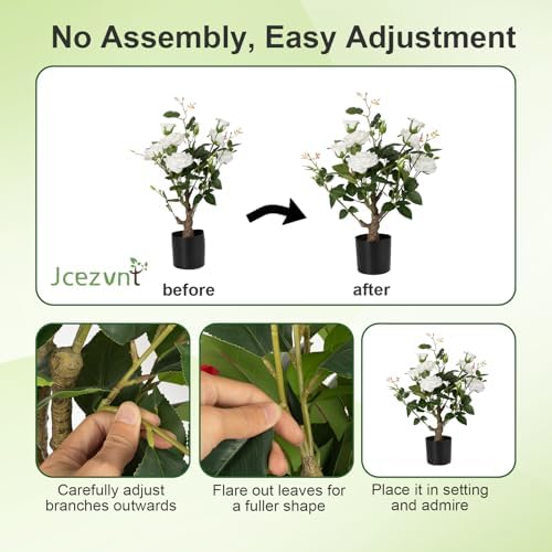 24’’ Artificial Rose Tree, 2 Pack Faux Rose Plants with White Flowers and Green Leaves, 2FT Silk Potted Tree for Indoor Outdoor Home Office Porch Garden Decor, White - Image 6