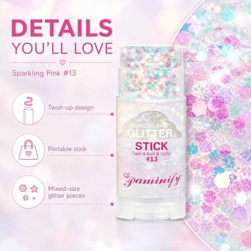 Sparkling Pink Hair Face Glitter Stick,Waterproof Holographic Chameleon Pink Body Glitter Stick, Halloween Mermaid Fairy Costume Spirit Day Accessories,Festival Rave Concert Carnival Makeup - Image 3