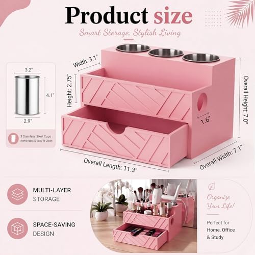 Pink Hair Tool Organizer with Drawer, Hair Brush Storage - Image 2