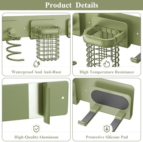 Tindbea Upgraded Aluminum Alloy Hair Dryer Holder Wall Mounted with Built-in Cord Wrap,3-in-1 Hair Tool Organizer for Blow Dryer, curling iron, and straightener, Green - Image 4