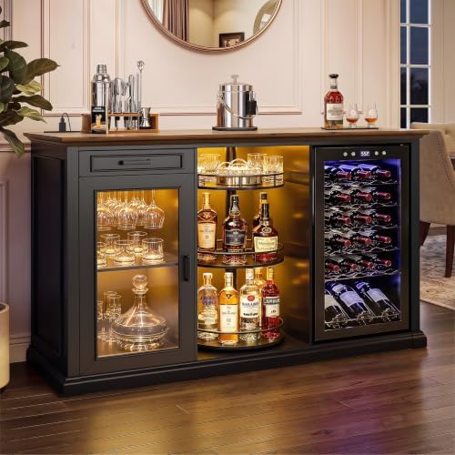 GDLF 60.2-Inch Home Bar Cabinet with Fridge Space, Amber LED, Black/Walnut by GDLFGoodLife