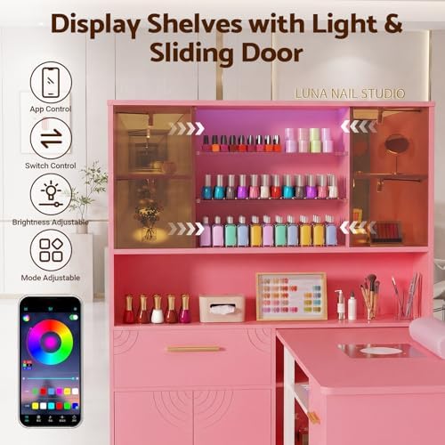 Manicure Table with Dust Collector and LED Display Cabinet (Pink) - Image 5