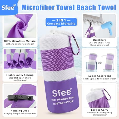 Sfee 2 in 1 Microfiber Beach Towel, Quick Dry Towel Camping Travel Towel Super Absorbent Compact Lightweight Sports Towel Gym Towels Set for Beach, Gym, Hiking, Pool, Backpacking, Bath, Yoga - Image 2