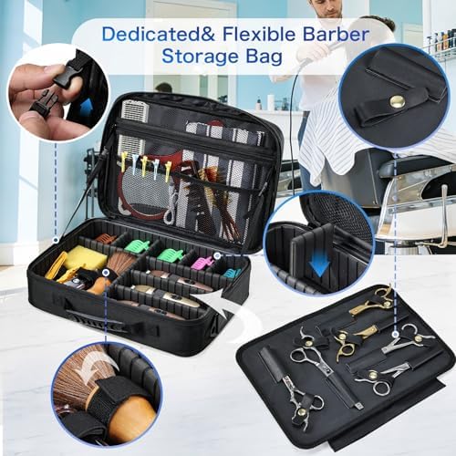 Yueieoun Professional Barber Clipper Case Organizer Bag with Adjustable Dividers, Detachable 6-Slot Scissors Panel, Travel Grooming Tool Storage - Fits Wahl/Andis/Hatteker - Image 5
