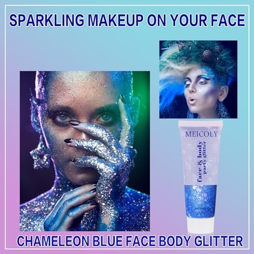 MEICOLY Chameleon Blue Hair Glitter,Game Day Spirit Day Wear Face Glitter,Holographic Chunky Halloween Body Glitter Gel,4th of July Outfits for Women, Rave Accessories - Image 2