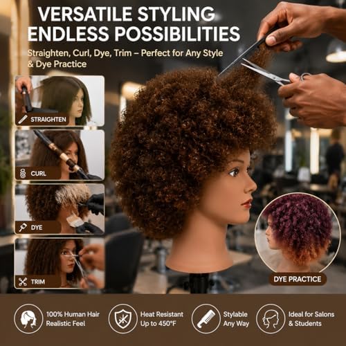 African Mannequin Head with 100% Human Hair Mannequin Head Curly Cosmetology Manican Mannequins Heads with Stand for Display Practice Braiding Styling Training Head Hair Styling - Image 6