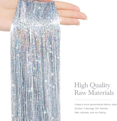 Hair Tinsel 8 Packs 1600 Strands 50 Inch Tinsel Hair Extensions Silver Heat Resistant Glitter Sparkling Shinny Fairy Hair Accessories for Women(Silver, 50Inch 8Packs) - Image 2
